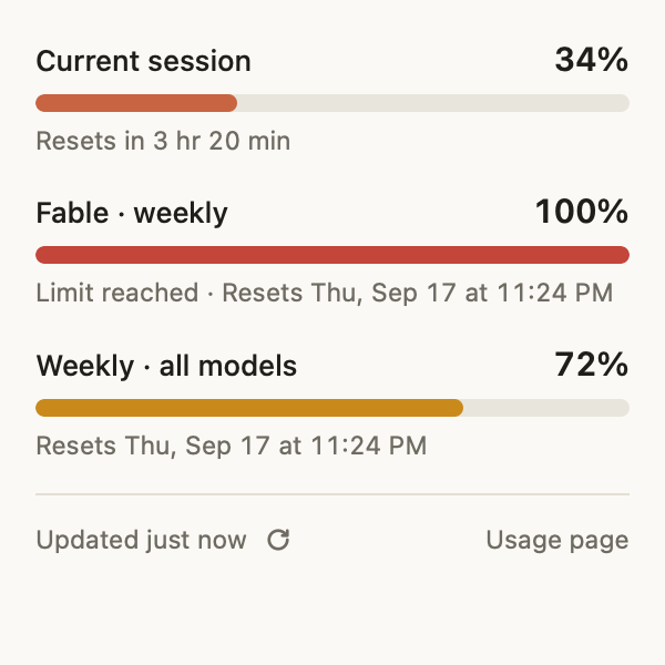 The Meterous popup: three meters for the current session, Fable, and weekly usage